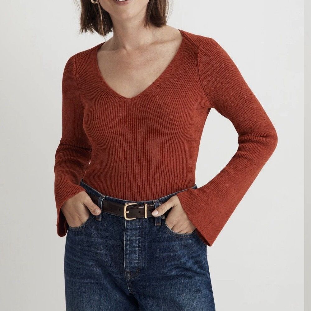 Madewell Sweater Flared Bell Sleeve V-Neck Clay Sz M Knit Ribbed Pullover